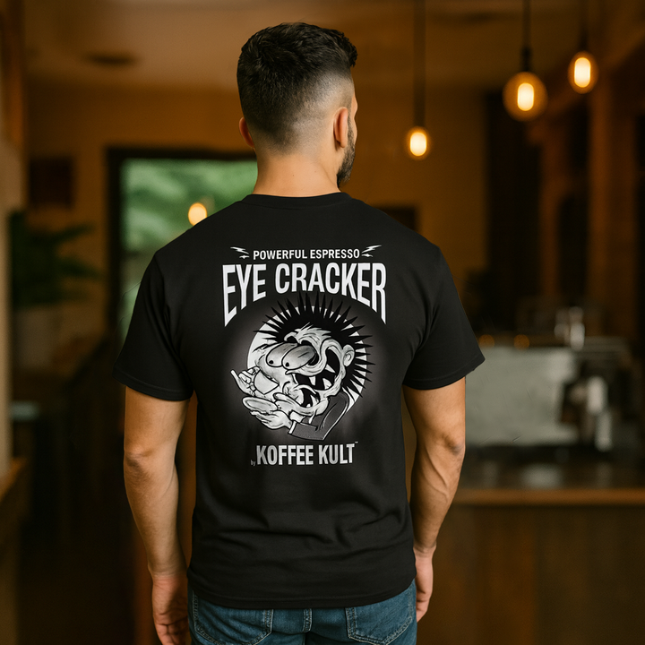 Man wearing a black t-shirt with 'Eye Cracker Koffee Kult' design in a casual setting.