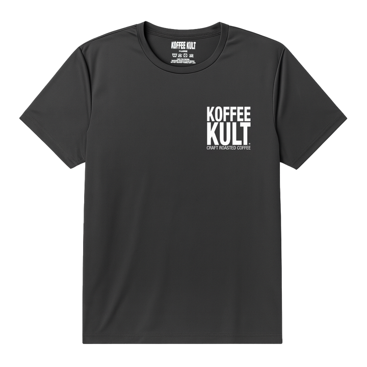 Black t-shirt with 'Koffee Kult' logo on a white background