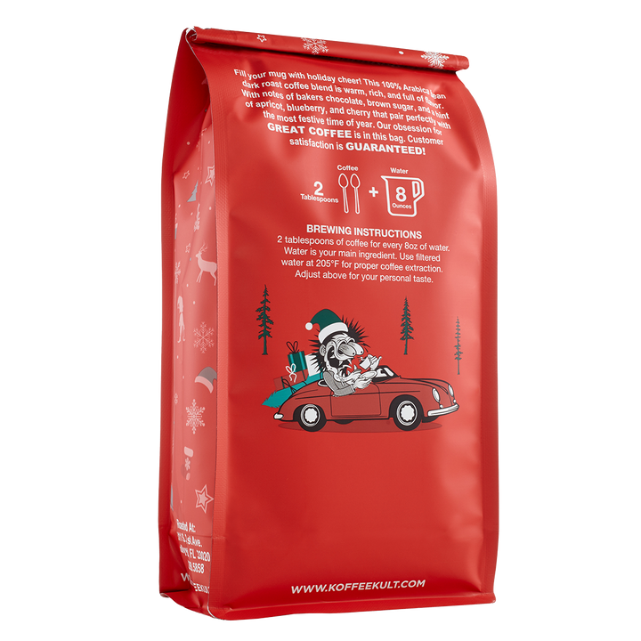 Red coffee bag with holiday-themed design and brewing instructions on a white background