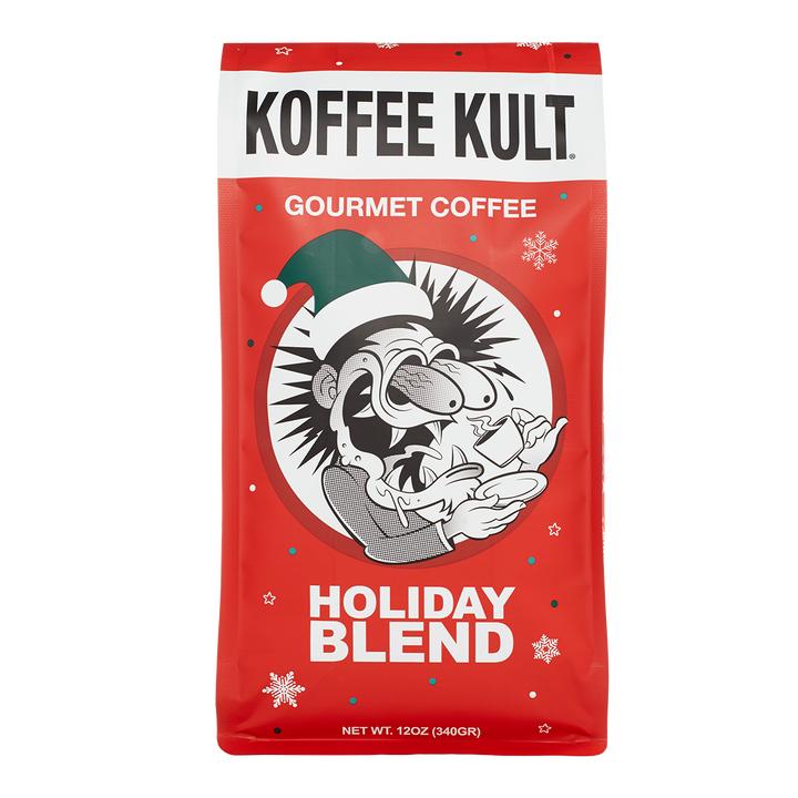 Koffee Kult Holiday Blend coffee package with cartoon character on a red background