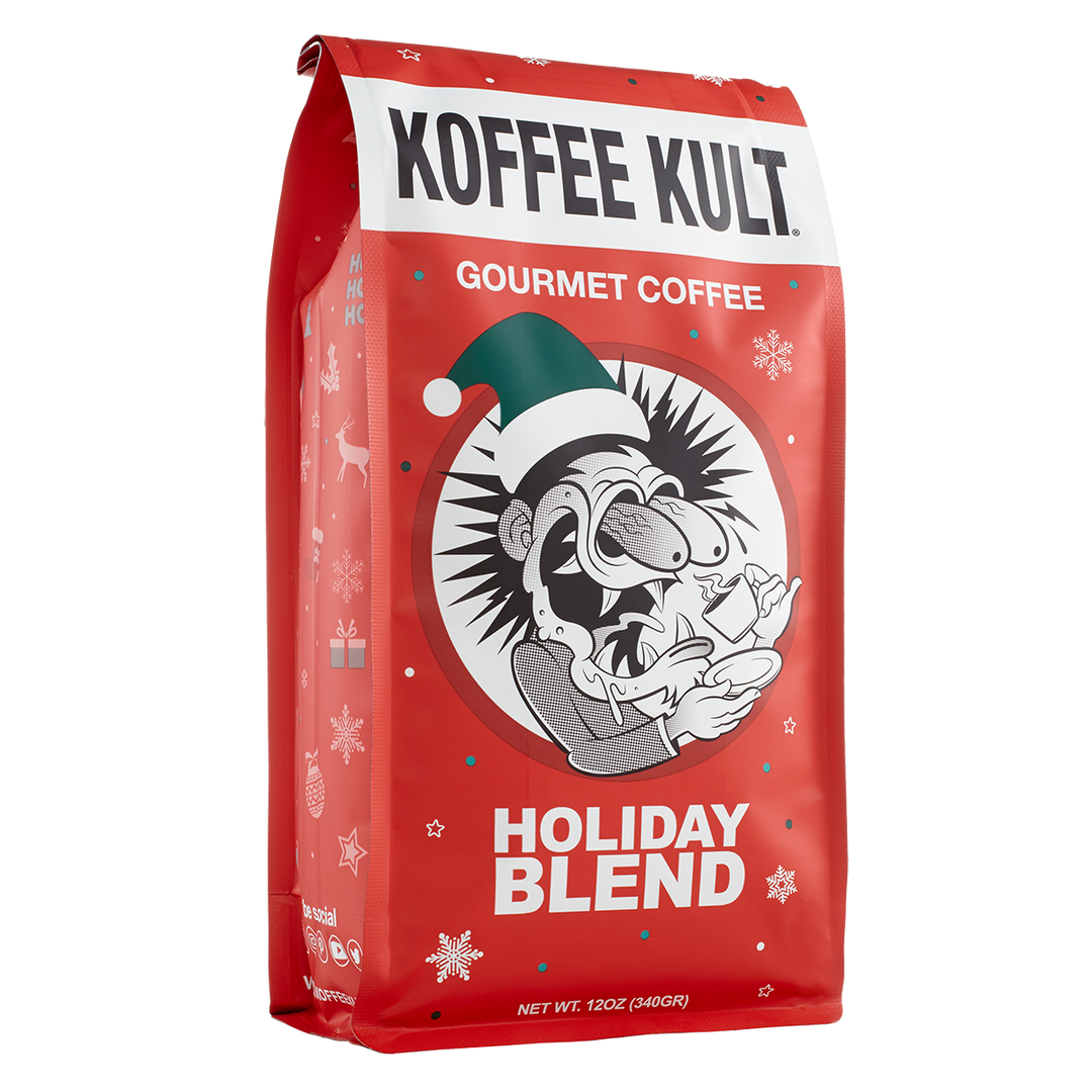 Red Koffee Kult holiday blend coffee bag on a white background
