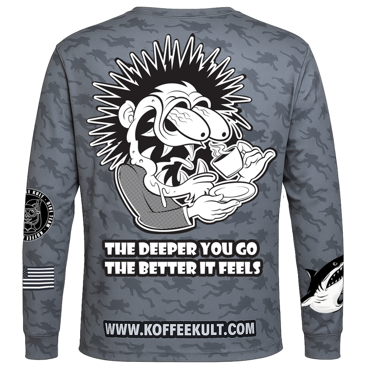Gray camouflage long-sleeve shirt with graphic design and text on the back