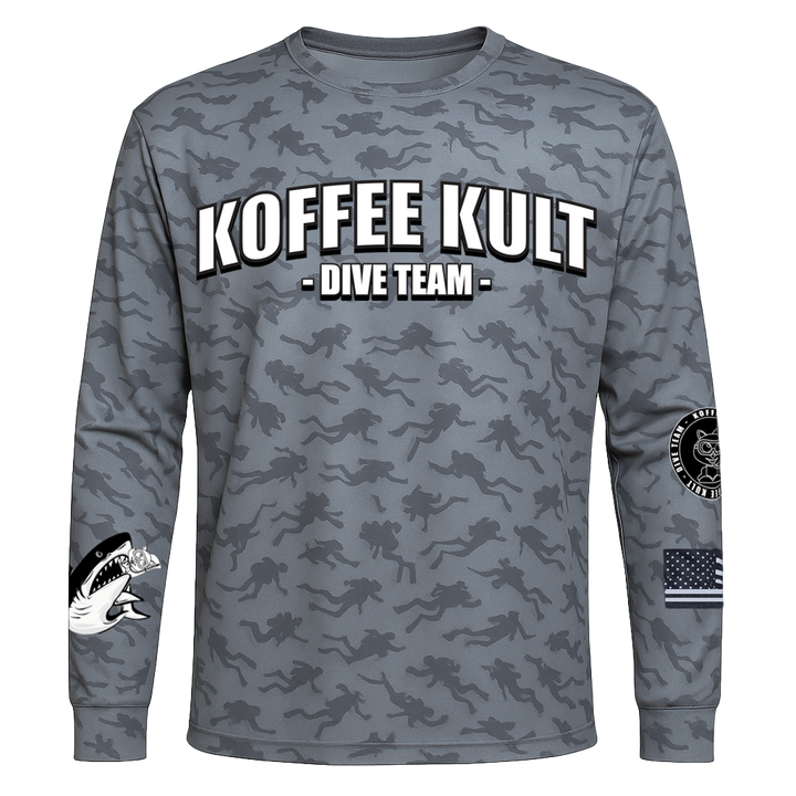 Gray camouflage long-sleeve shirt with 'Koffee Kult Dive Team' text on a white background