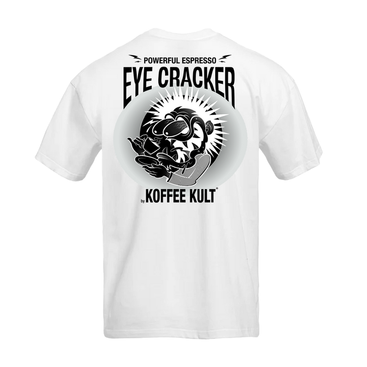 White t-shirt with black coffee-themed graphics and text on a white background