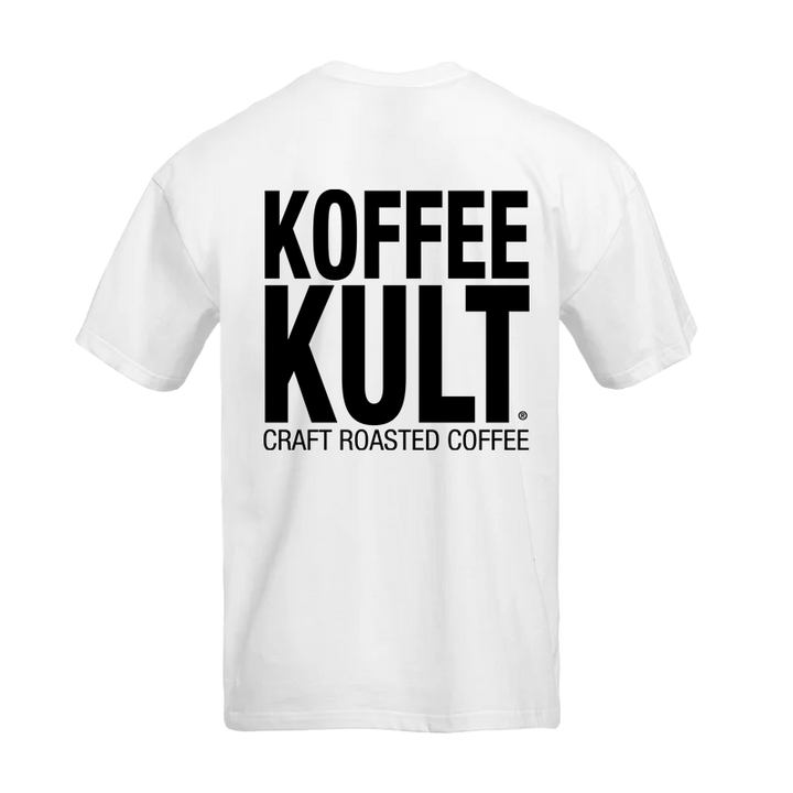 White t-shirt with 'Koffee Kult' logo on a white background