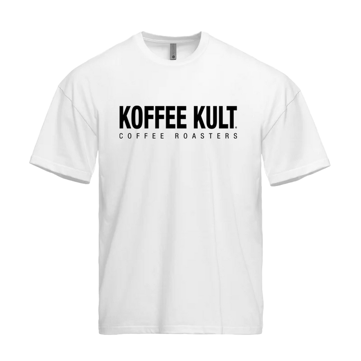 White t-shirt with 'KOFFEE KULT' logo on a white background