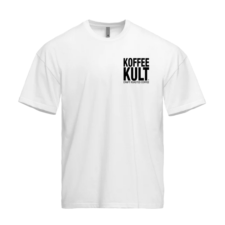 White t-shirt with 'KOFFEE KULT' logo on a white background