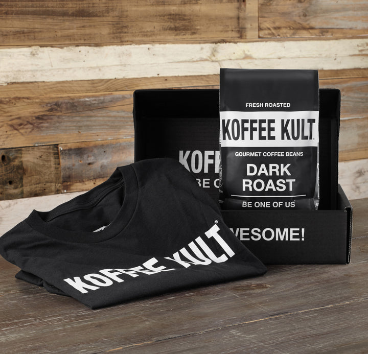 Koffee Kult gift box 32oz and shirt on table