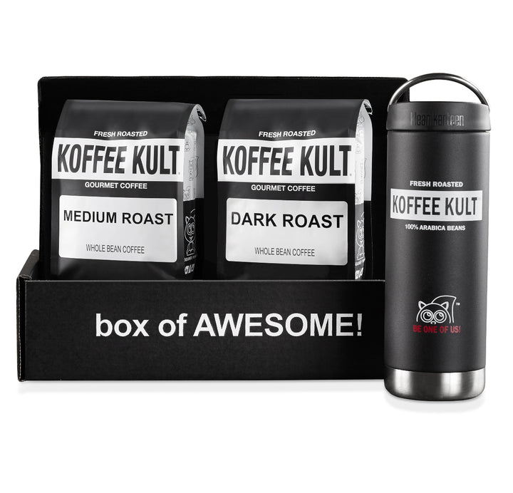 Koffee Kult gift box 2 x32oz and travel mug front