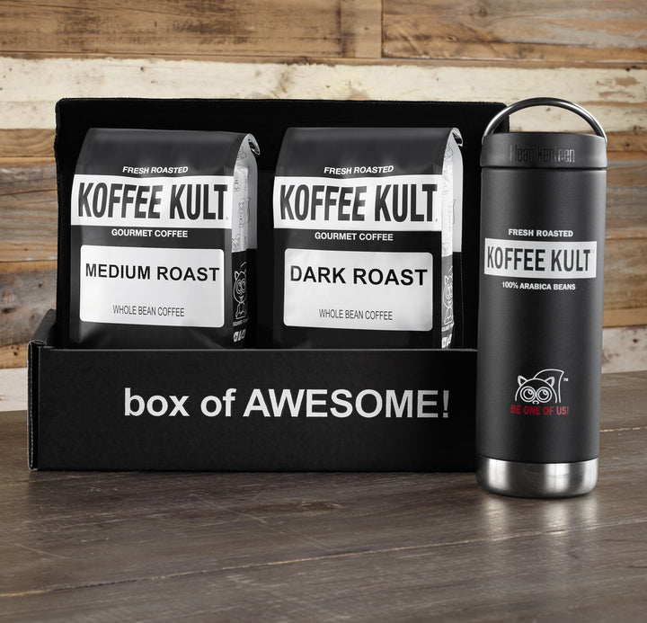 Koffee Kult gift box 2 x32oz and travel mug up close