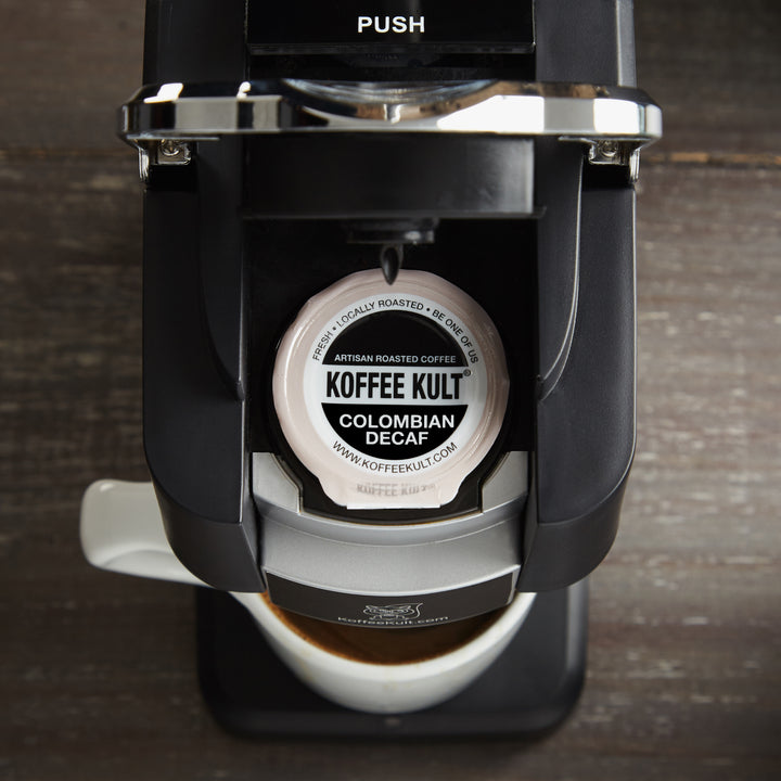 koffee kult single serve decaf in top of brewer