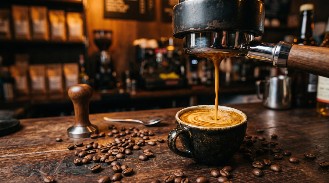 Espresso machine portafilter pulling a rich syrupy espresso shot with golden crema into a ceramic cup surrounded by espresso beans