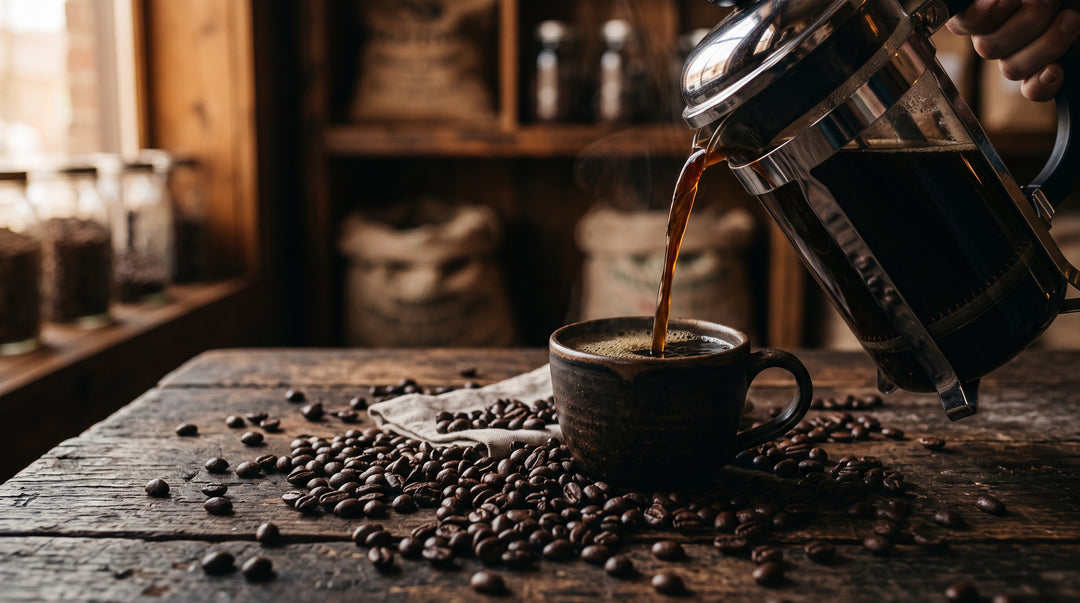 French press pouring fresh dark roast coffee into a ceramic cup surrounded by dark roasted coffee beans on a rustic wooden table