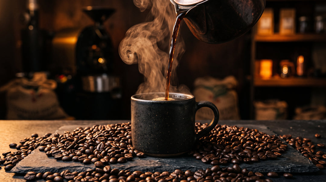 Bold black coffee being poured into a heavy ceramic mug with steam rising, surrounded by dark roasted coffee beans
