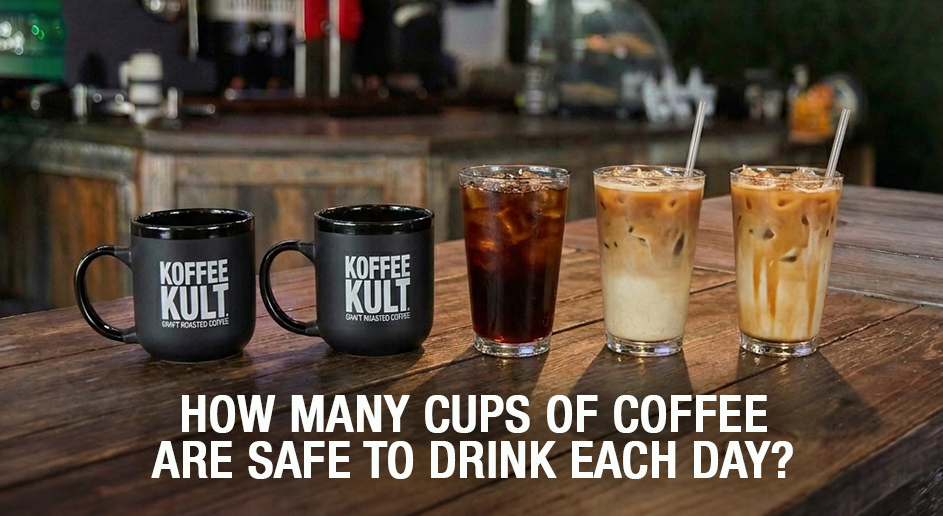 Two black Koffee Kult mugs on a wooden table next to four glasses of iced coffee, with the text 'HOW MANY CUPS OF COFFEE AER SAFE TO DRINK EACH DAY?' overlaid at the bottom.