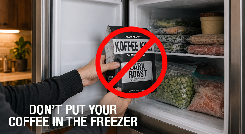 A person's hands hold a bag of Koffee Munch dark roast coffee in front of an open refrigerator, with a red prohibition symbol overlaid on the bag. Text at the bottom reads 'DON'T PUT YOUR COFFEE IN THE FREEZER'.