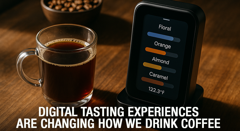 Glass of coffee next to a digital device on a wooden surface with text about digital tasting experiences.