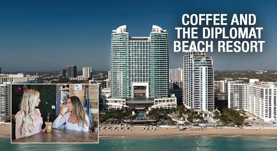 Diplomat Beach Resort with Koffee Kult in left corner and text in right corner with blog title