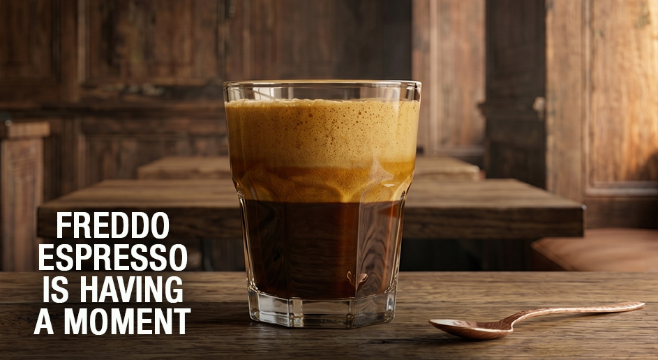 Glass of layered espresso on a wooden table with text 'Freddo Espresso is Having a Moment'.