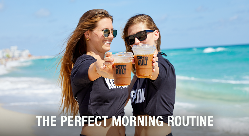 Two people holding coffee cups with a beach background and text 'The Perfect Morning Routine'.