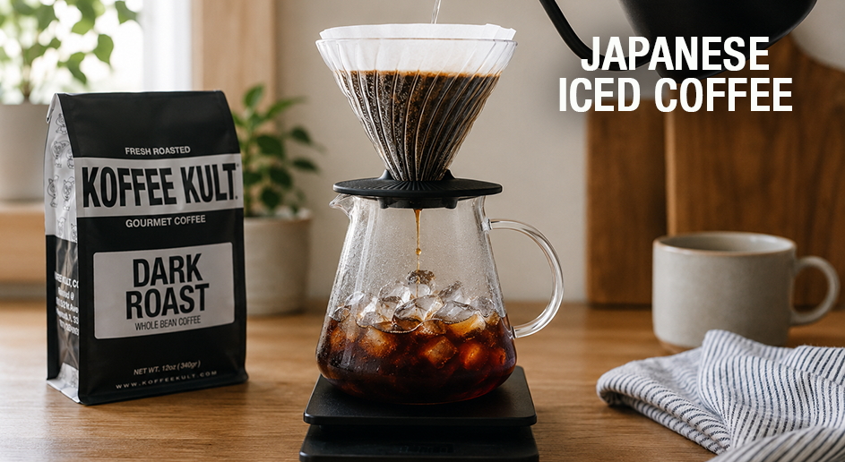 A pour-over coffee setup on a wooden table with a bag of Koffee Kult Dark Roast coffee, a glass cone filter pouring dark coffee into a glass carafe filled with ice, and the text 'JAPANESE ICED COFFEE' on the right.