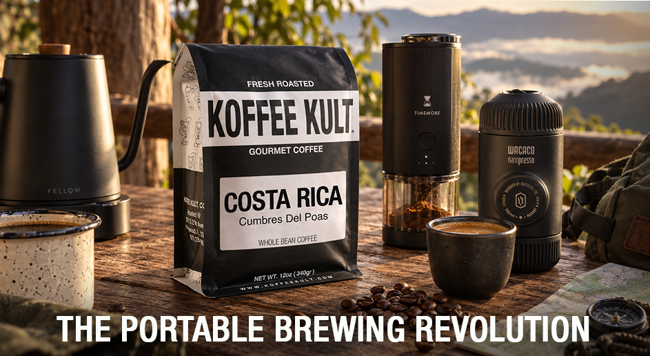 Costa Rica Cumbres coffee bag with portable brewing equipment on wood table and title text overlayed