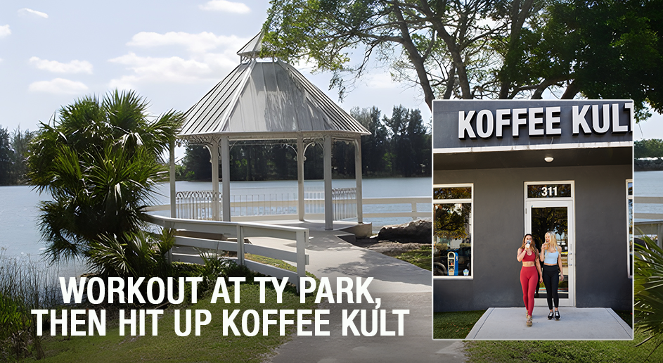 Gazebo by a lake with text about workout and coffee, and Koffee Kul building with people.