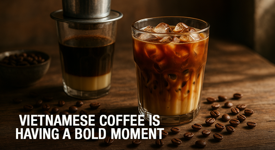 Vietnamese coffee with beans - Koffee Kult coffee trend hero - with text title