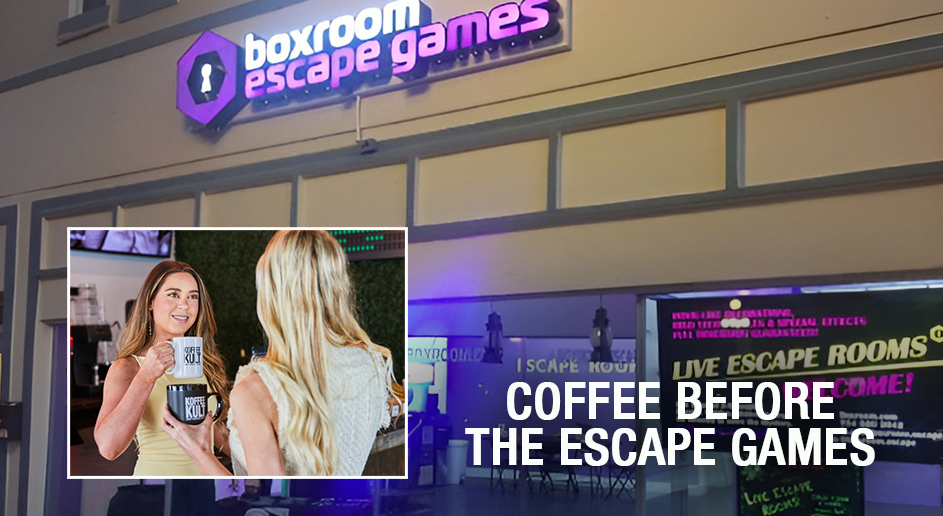A promotional graphic for an escape room experience at Boxroom Escape Games, featuring a storefront sign, a small inset photo of two women holding coffee mugs, and large text reading 'COFFEE BEFORE THE ESCAPE GAMES'.