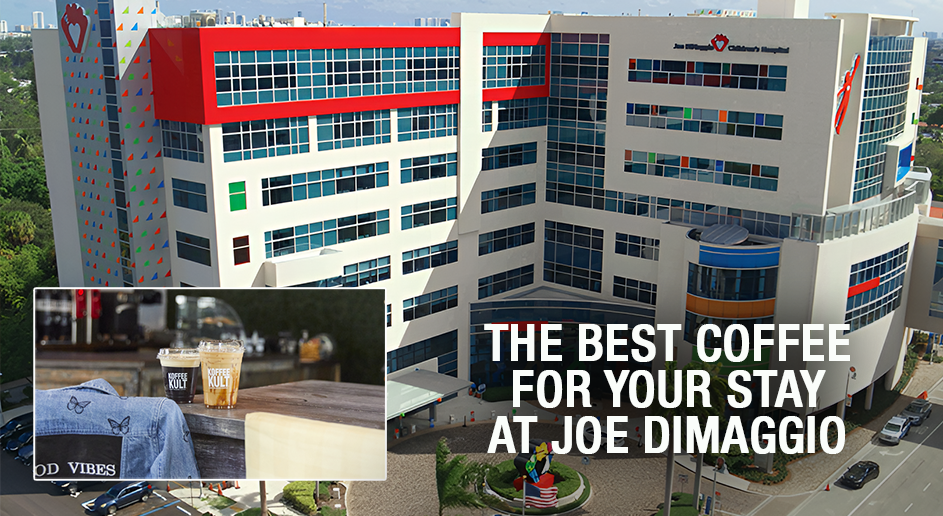 A promotional graphic featuring a large modern building with the text 'THE BEST COFFEE FOR YOUR STAY AT JOE DIMAGGIO' and a small inset photo of a coffee table scene labeled 'DD VIBES'.