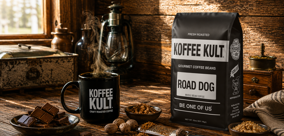 A black bag of Koffee Kult Road Dog gourmet coffee beans stands on a rustic wooden table beside a matching black mug with coffee steam rising, with coffee beans, chocolate pieces, and wooden kitchen props in a warm, rustic setting.