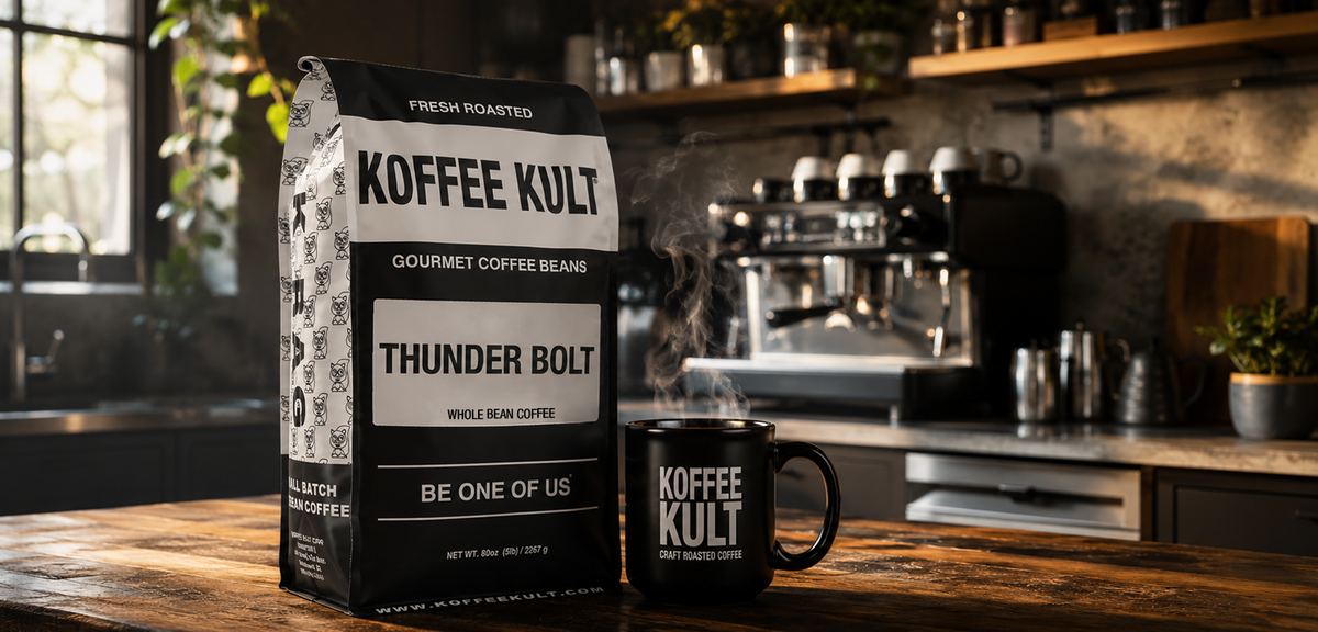 A bag of Koffee Kult Thunder Bolt gourmet coffee beans stands on a wooden counter next to a black ceramic mug with the same brand name, set in a warm, rustic coffee shop kitchen environment.