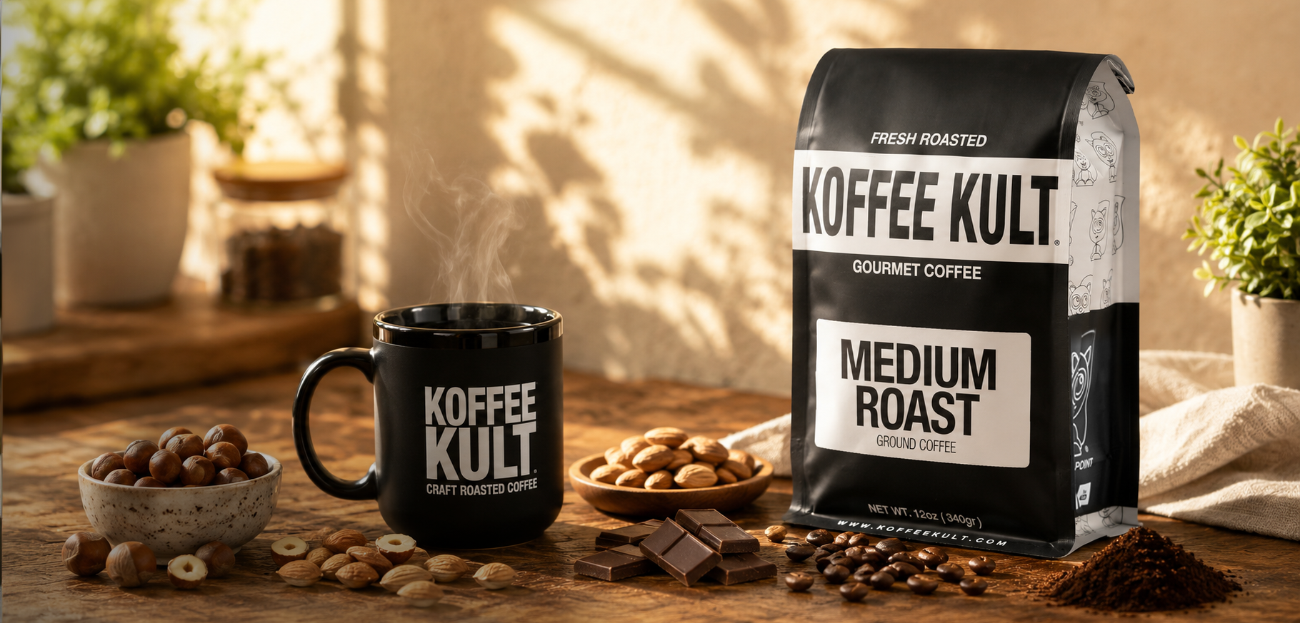 A bag of Koffee Kult Gourmet Coffee Medium Roast stands on a wooden table beside a matching black mug, with coffee beans, chocolate pieces, and small bowls of ingredients in a warm, sunlit kitchen setting.