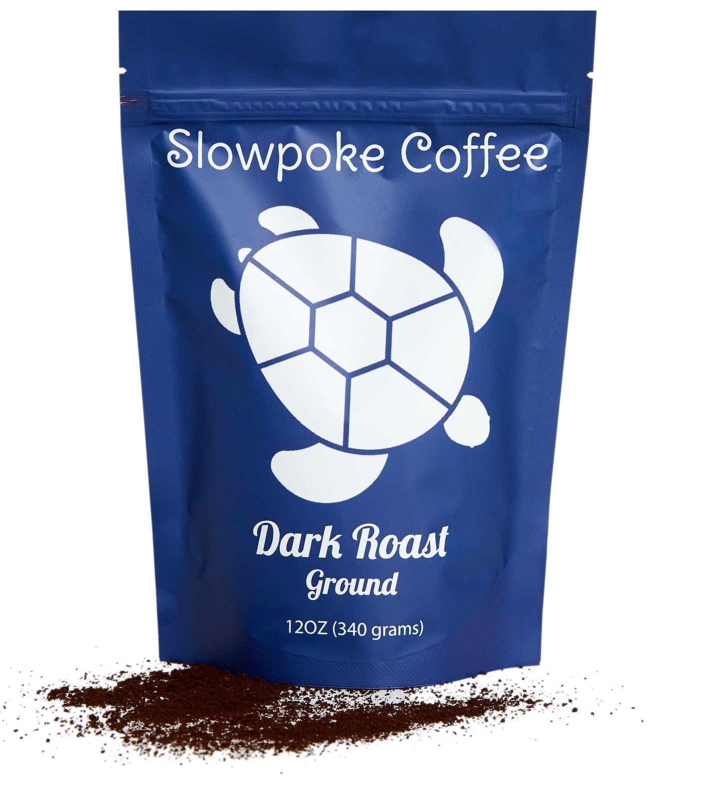 slow poke dark roast coffee front ground with beans
