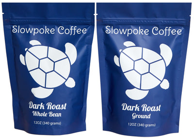 slow poke dark roast coffee front whole bean and ground