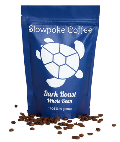 slow poke dark roast coffee front with beans