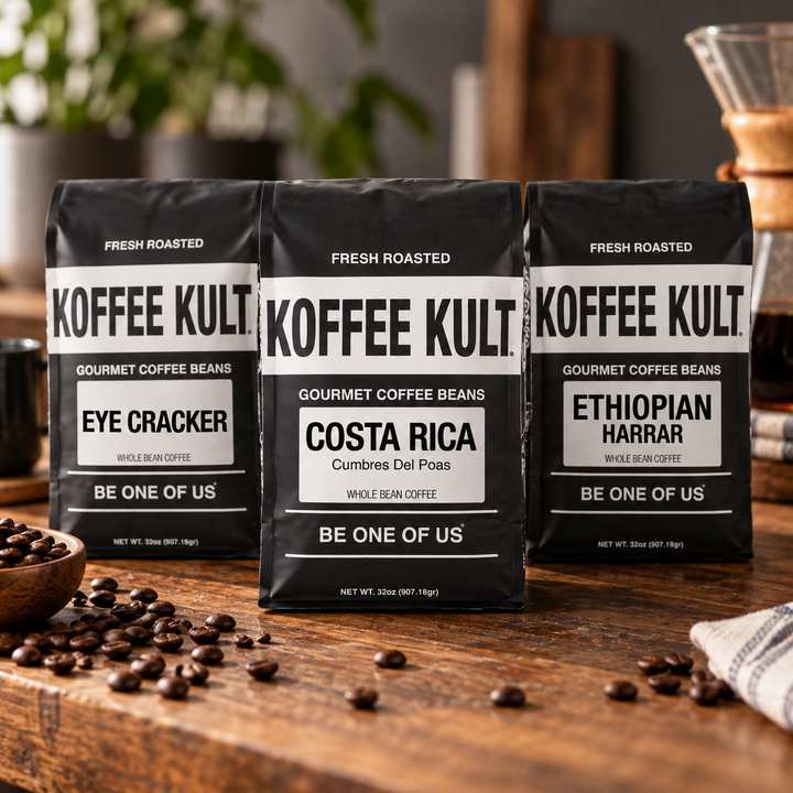 Three bags of Koffee Kult gourmet coffee beans arranged on a rustic wooden table with scattered coffee beans. The center bag is Costa Rica Cumbre Del Poas Whole Bean Coffee, flanked by Eye Cracker and Ethiopian Harrar varieties.