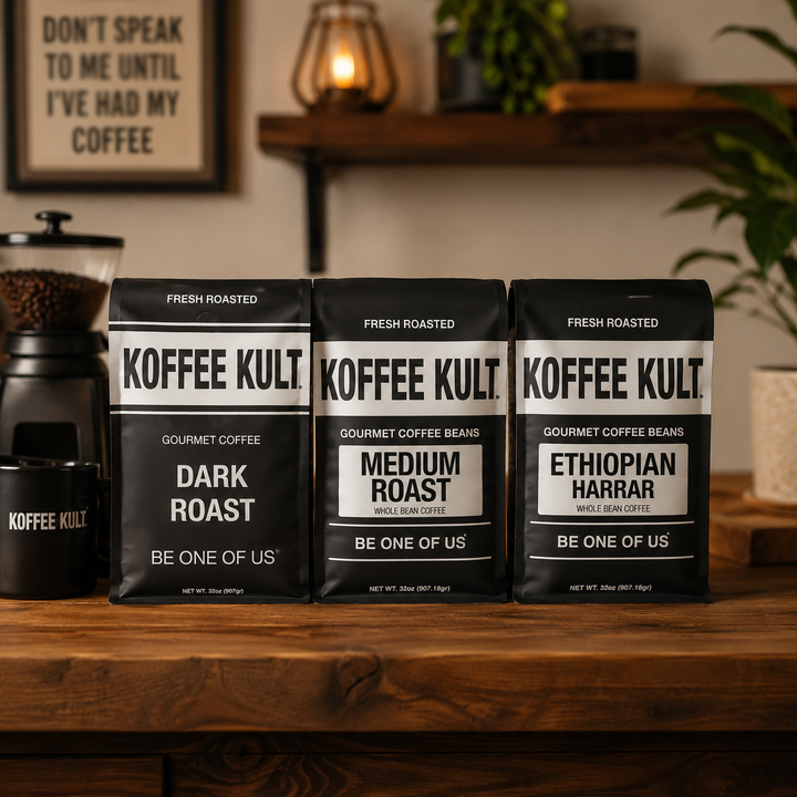 Three bags of Koffee Kult gourmet coffee beans arranged on a wooden shelf in a warm, styled interior setting. The bags are black with white labels and feature Dark Roast, Medium Roast, and Ethiopian Harar varieties.