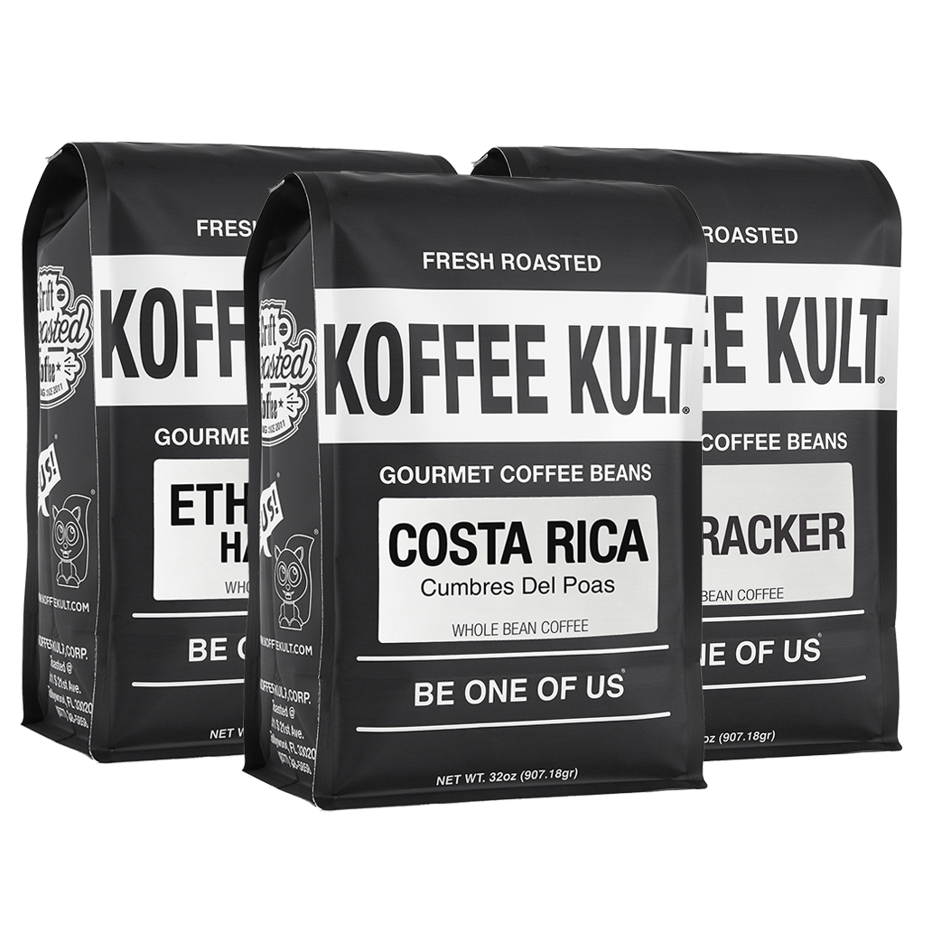 Three black coffee bean bags from Koffee Kult arranged together on a white background, with the center bag labeled Costa Rica and the side bags partially visible.