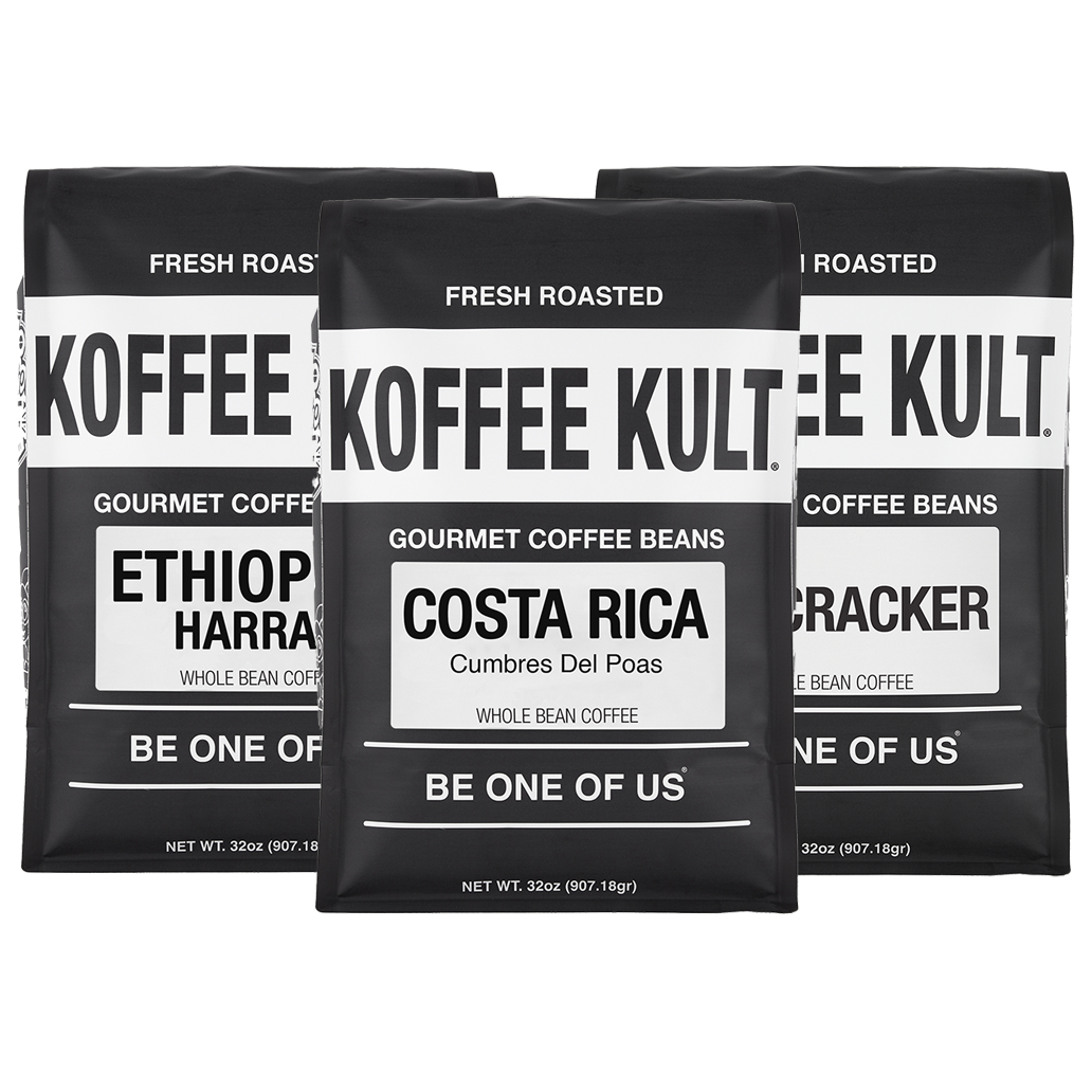 Three black bags of Koffee Kult gourmet coffee beans arranged together on a white background, featuring Ethiopia Harra and Costa Rica Cumbres Del Poas varieties.