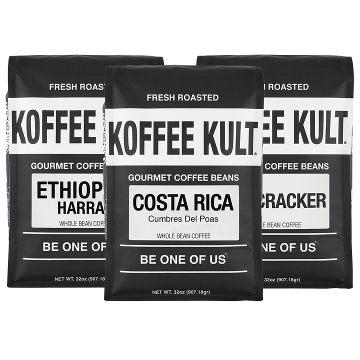 Three black bags of Koffee Kult gourmet coffee beans arranged together on a white background, featuring Ethiopia Harra and Costa Rica Cumbres Del Poas varieties.