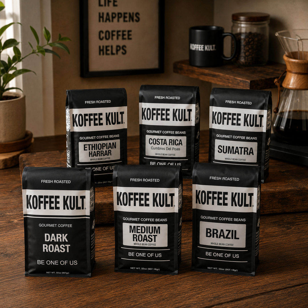 Six bags of Koffe Kult gourmet coffee beans in different roasts and varieties, arranged on a wooden table in a warm, styled coffee shop setting.