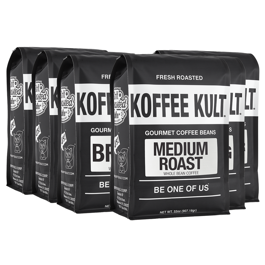 Five black bags of Koffee Kult. Gourmet Coffee Beans Medium Roast arranged in a row on a white background.