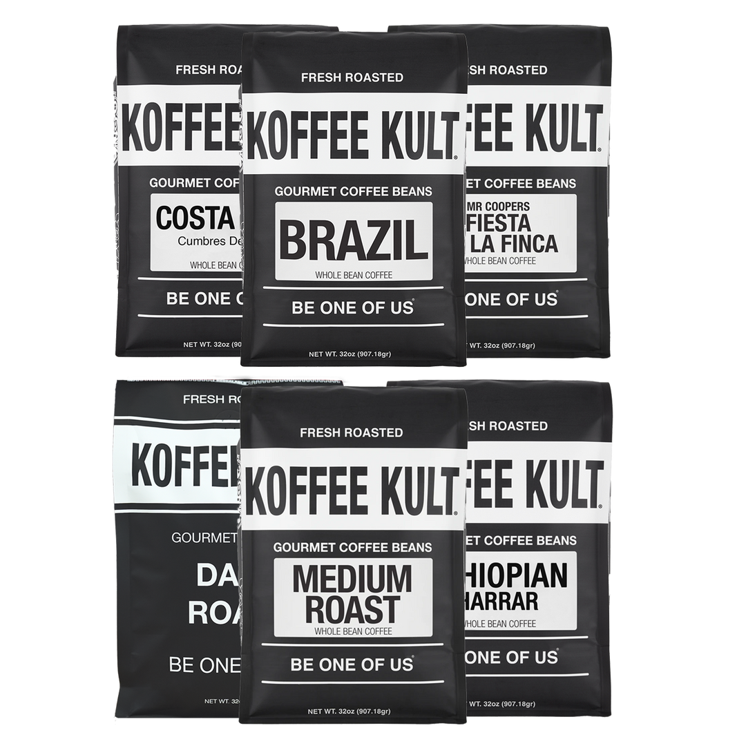 Six black coffee bags from Koffee Kult arranged in two rows on a white background, featuring Costa, Brazil, Fiesta La Finca, Dark Roast, Medium Roast, and Chiopianarrar varieties.
