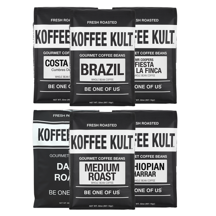 Six black coffee bags from Koffee Kult arranged in two rows on a white background, featuring Costa, Brazil, Fiesta La Finca, Dark Roast, Medium Roast, and Chiopianarrar varieties.
