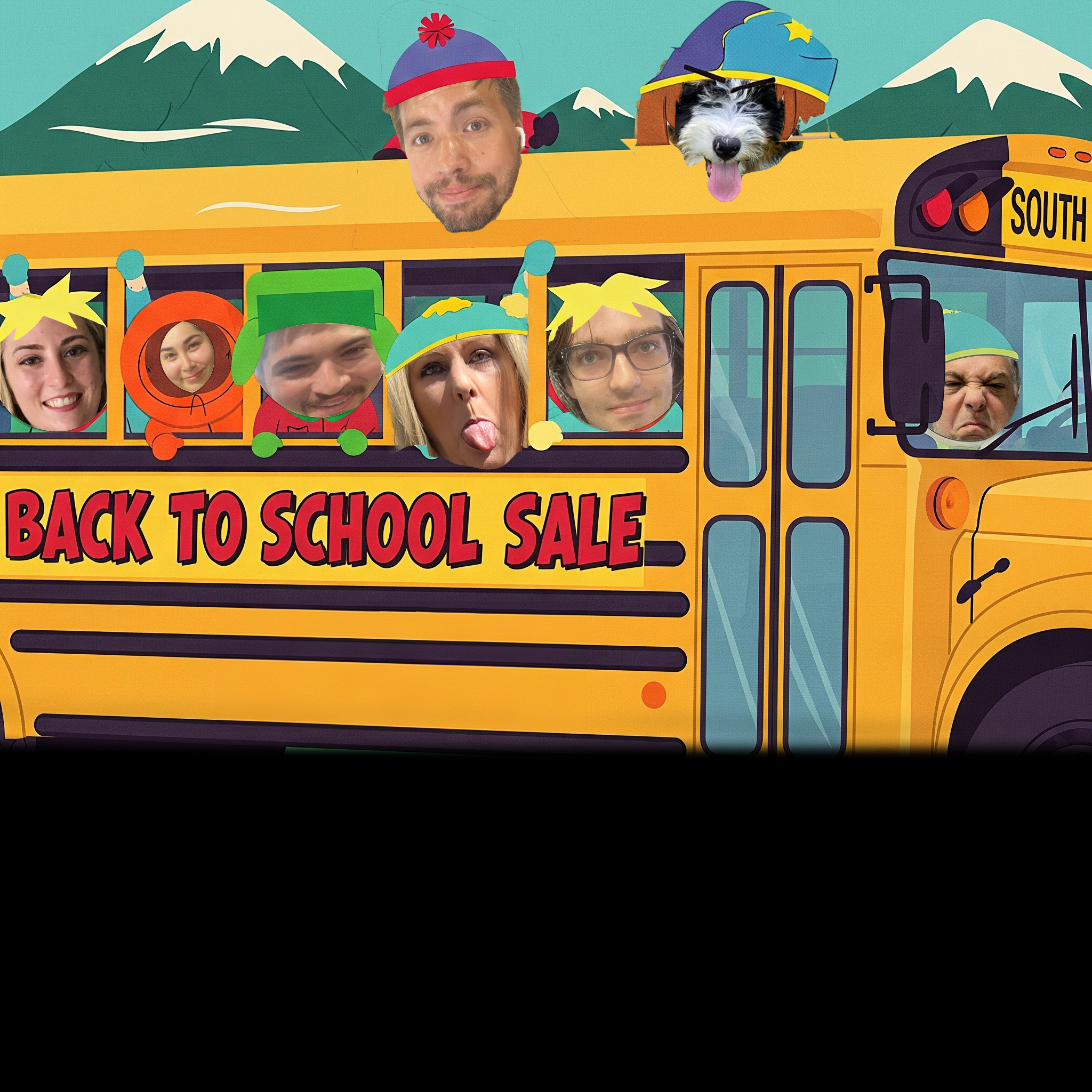 Cartoon school bus with faces of people and a dog on the roof, set against a mountainous background.