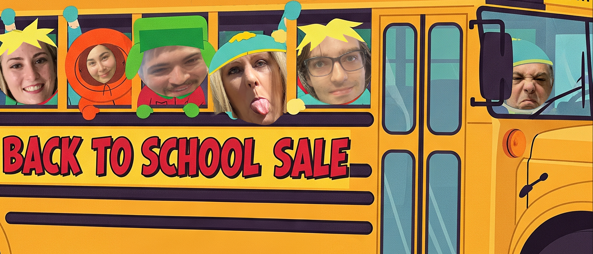 Cartoon-style school bus with students' faces peeking out, advertising a 'Back to School Sale'.