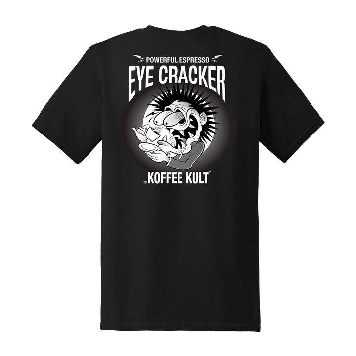 Black t-shirt with graphic design and text on a white background