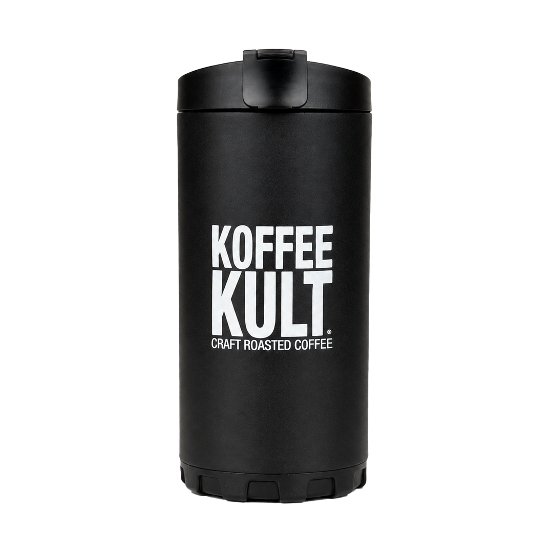 A matte black insulated coffee cup with a matching black lid, featuring the white text 'KOFFEE KULT. CRAFT ROASTED COFFEE' printed on the front, set against a plain white background.