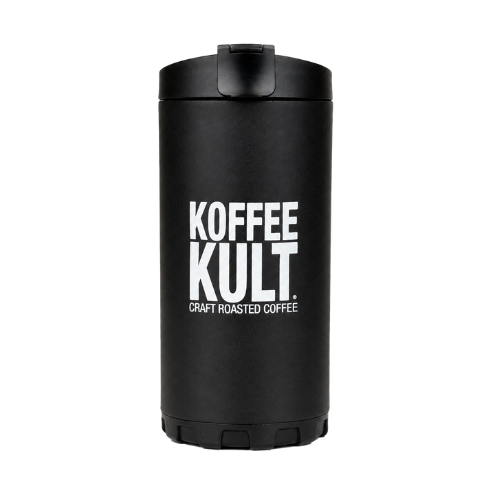 A matte black insulated coffee cup with a matching black lid, featuring the white text 'KOFFEE KULT. CRAFT ROASTED COFFEE' printed on the front, set against a plain white background.